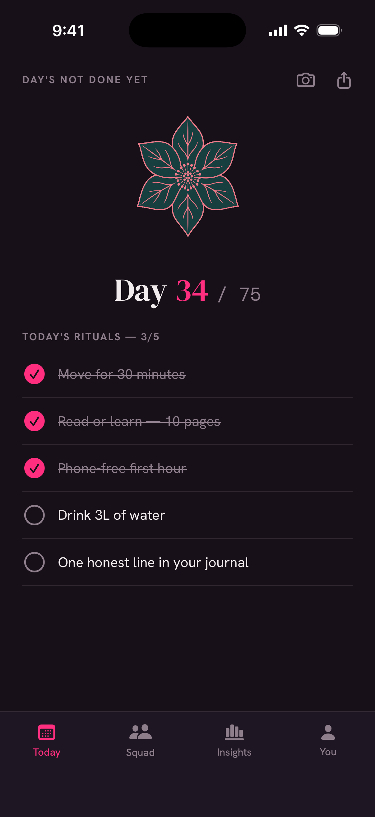 Bloomstreak Today screen at Day 34 with the Winter Bloom half-open and three of five rituals checked off