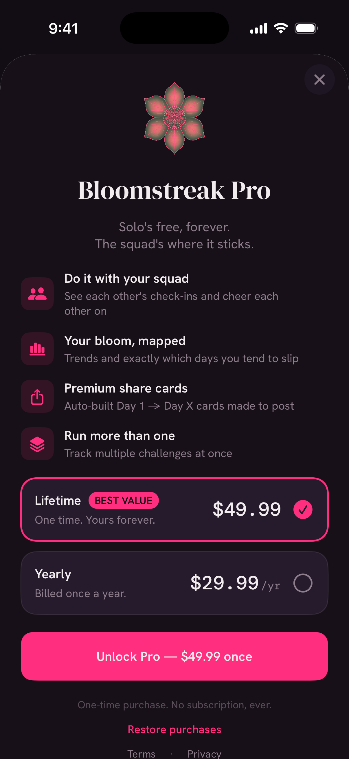 Bloomstreak Pro — lifetime ($49.99 one-time) and yearly ($29.99/yr, auto-renews) options