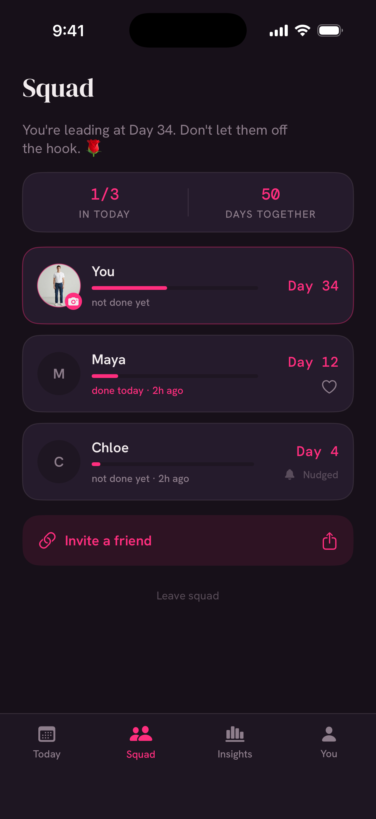 Bloomstreak Squad screen — friends' daily check-ins, a nudge, and the collective stat one of three in today, fifty days together